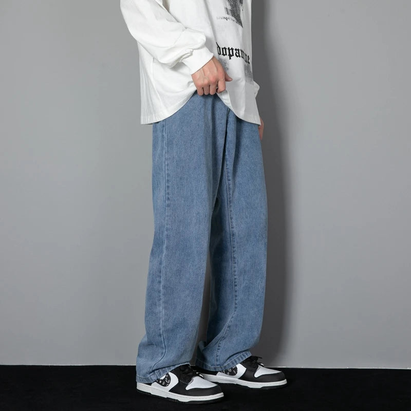 Threebooy 2025 New Korean Men's Casual Long Jeans Classic Man Straight Denim Wide-leg Pants Solid Color Light Blue Grey Black