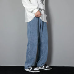 Threebooy 2025 New Korean Men's Casual Long Jeans Classic Man Straight Denim Wide-leg Pants Solid Color Light Blue Grey Black