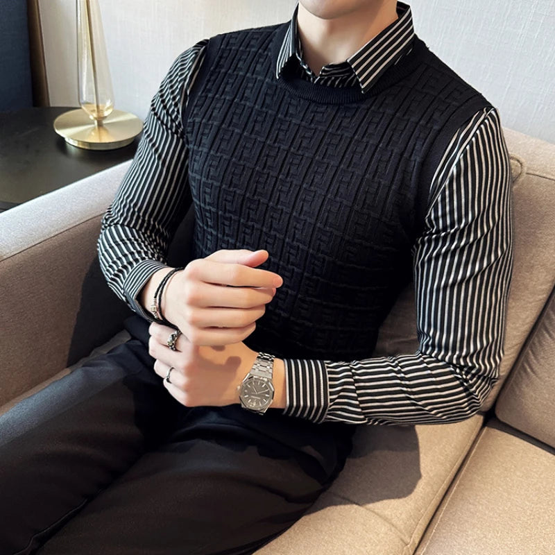 Threebooy  Clothing Men Autumn Winter High Quality Knit Sweaters/Man Fashion Plaid Fake 2 Pieces Shirt Collar Pullover Sweater Vest