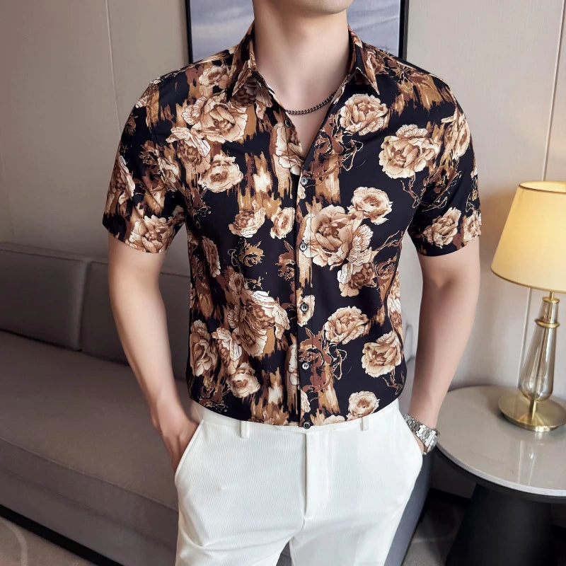Threebooy  Summer New Print Shirts Mens Half Sleeve Retro Casual Shirts Fashion Versatiles Business Slim Social Party Tuxedo Blouse