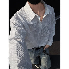 Threebooy Black White Long-sleeved Shirt Men Fashion Social Mens Dress Shirt Korean Loose Casual bubble Shirts Mens summer trend