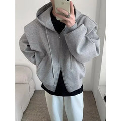 Threebooy Autumn Korean Zipper Hoody Large Silhouette Hooded Composite Shoulder Pad Cardigan Jacket Men Casual Handsome Hooded Sweatshirt