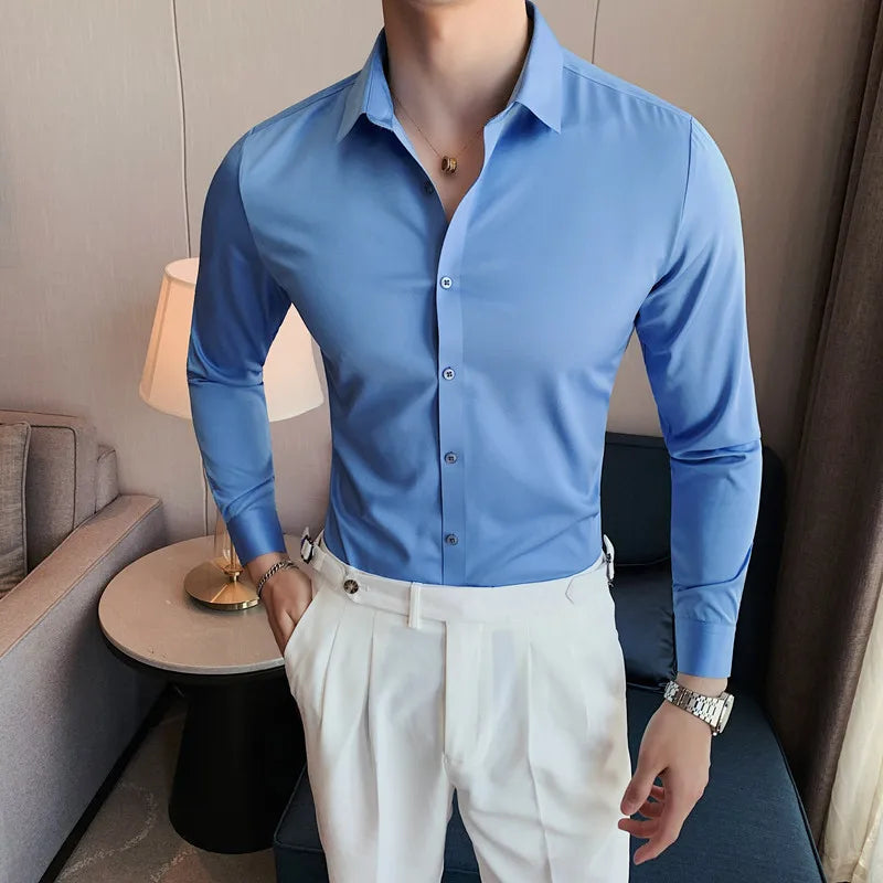 Threebooy Mens Long Sleeve Shirts  Casual Slim Fit Men Dress Shirts Solid Color Formal Business Social Clothing Blouse Plus Size S-3XL