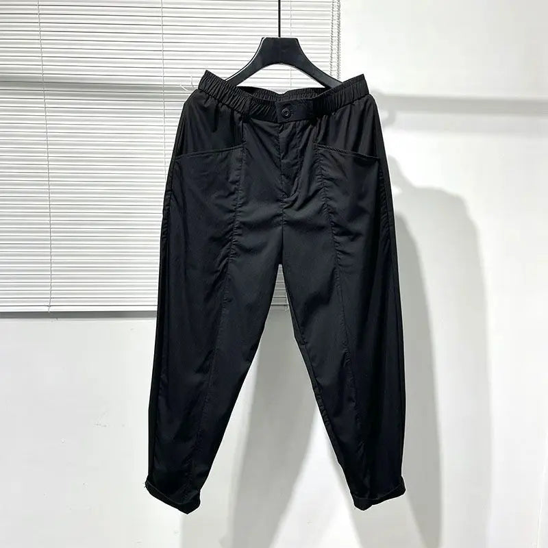Threebooy Summer Ice Silk Trouswers Quick-drying Casual Ankle Length Pants Harajuku Style Simple Slightly Collapsed Black Work Harem Pants