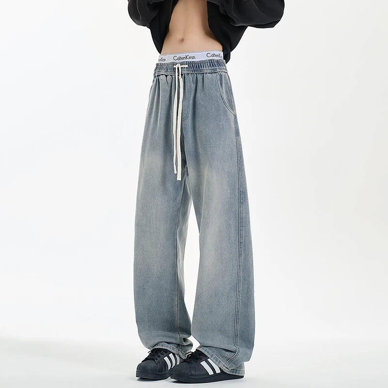 Threebooy New Men's Jeans Washed Jeans Pants Unisex Drawstring Denim Pants Male Streetwear Korean Straight cylinder loose Cowboy Trousers