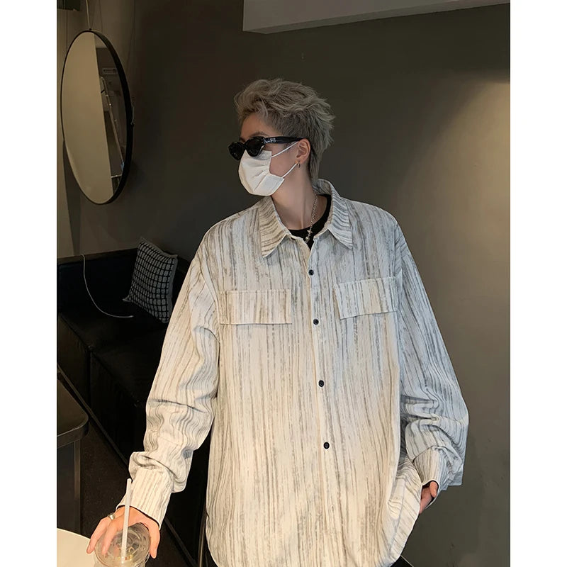 Threebooy Corduroy Printed Work Shirts Men's Single Breasted Casual Jacket Coats Men Korean Fashion Cityboy Long-sleeve Simple Shirt