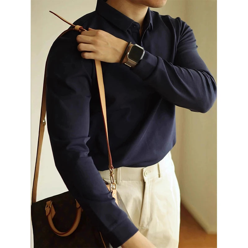 Threebooy  New American Retro Men Polo Shirt Light Luxury Solid Color Slim-fit Commuting Long Sleeve T-shirt Leisure Business Pullover Tops