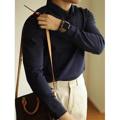 Threebooy  New American Retro Men Polo Shirt Light Luxury Solid Color Slim-fit Commuting Long Sleeve T-shirt Leisure Business Pullover Tops