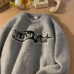 Threebooy Retro Embroidery Sweater Men Women Autumn Winter Thick American Vintage Letter Pullover High Street Loose Knit Sweater Jacket