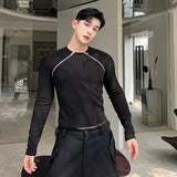 Threebooy Men's Slim Long Sleeve T-shirts 2024 Autumn New Niche Design Dark Zipper Split Versatile Tops Korean Style Clothing