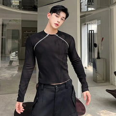 Threebooy Men's Slim Long Sleeve T-shirts 2024 Autumn New Niche Design Dark Zipper Split Versatile Tops Korean Style Clothing