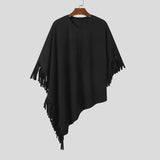 Threebooy 2024 New Men T Shirt Tassel Solid Color Cloak Punk Style Streetwear Fashion Irregular Tops O-neck Loose Casual Cape Camisetas