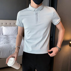 Threebooy Summer Men's Casual Fashion Short Sleeve Top Clothes Slim Fit T-shirts Lapel Collar White/black color Pullover M-3XL