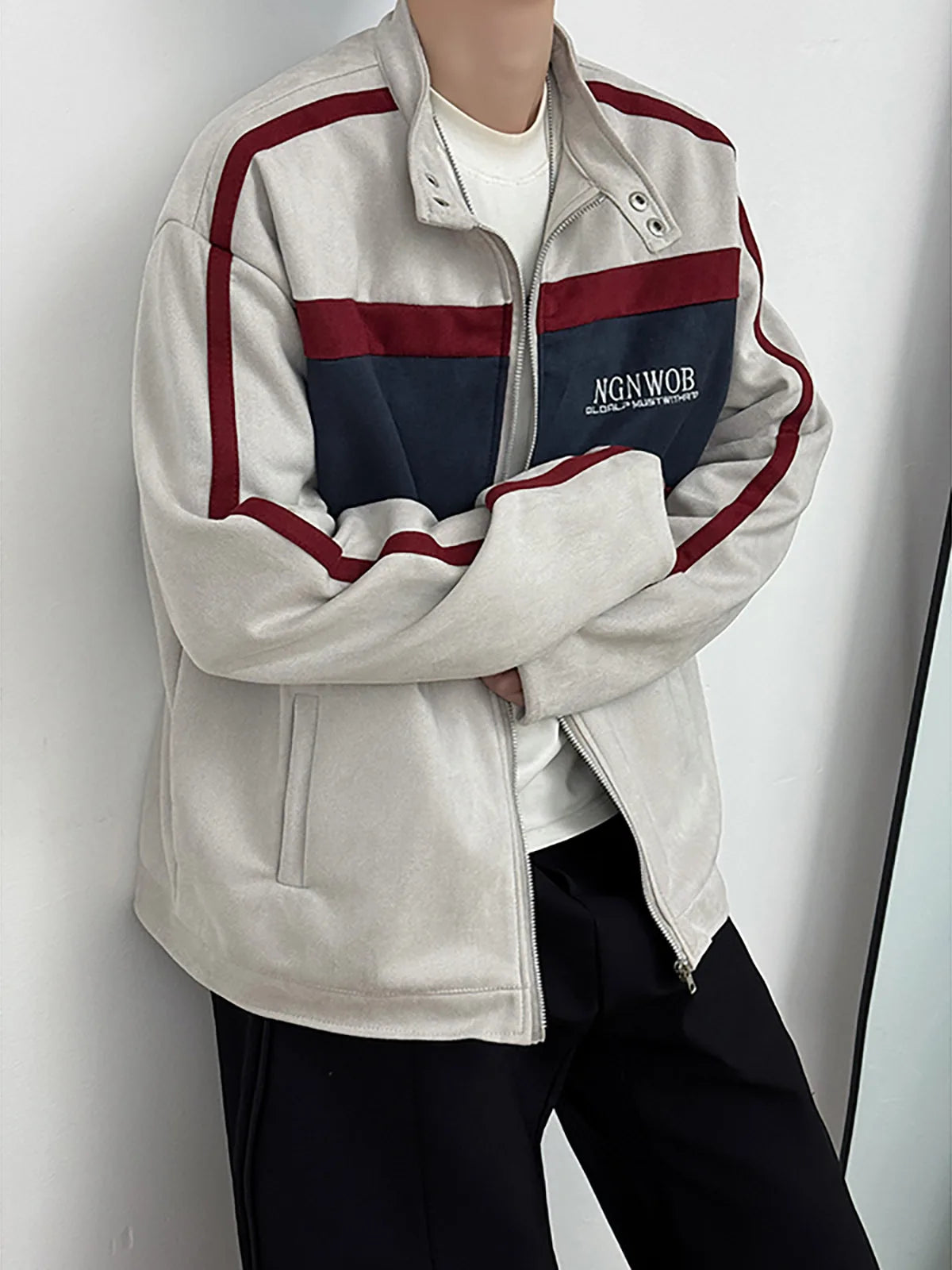 Threebooy Retro Contrast Jacket Motorcycle Suit Suede Stand Collar Jacket Men's High-end Outdoor Niche Bomber Jacket Baseball Uniform Suit