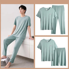 Threebooy Three-Piece Summer Thin Modal Pajamas Men's Short-Sleeved Shorts Long Pants Ice Silk Sense Of Homewear Suit