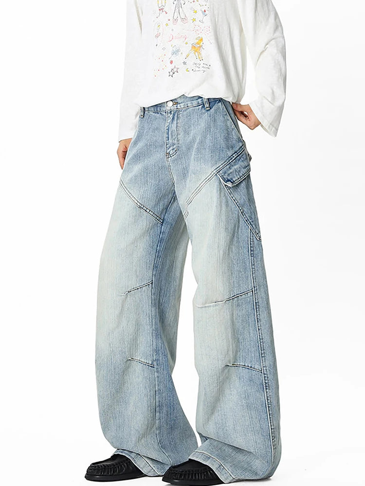 Threebooy  New Deconstructed Texture Straight-Leg Jeans For Men American Casual Vintage Blue Denim Pants Y2K Streetwear Baggy Jean