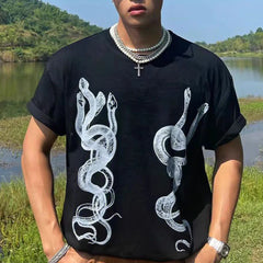 Threebooy Men's Casual T-Shirt Fashionable Trendy Hip-Hop High Street Y2k Retro Snake Pattern Loose Cotton Top 2024 Spring And Summer