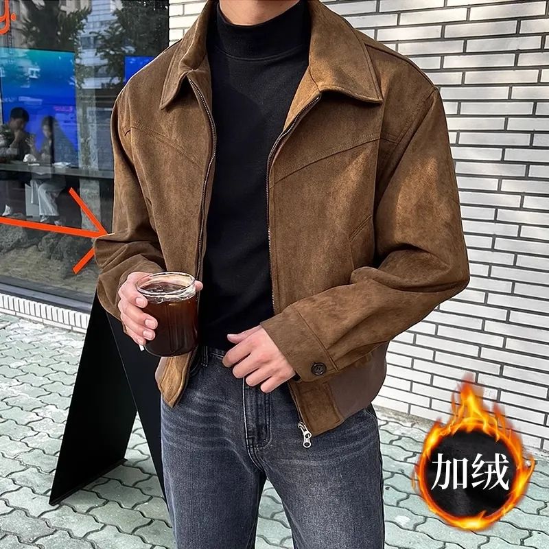 Threebooy Elegant Solid Brown Coat Men's Spring Autumn High-end Loose Lapel Plush Top Winter New Zipper Short Jacket Vintage Streetwear