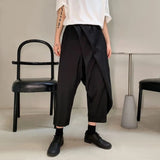 Threebooy Men Double-Layer Irregular Pleated Wide-Leg Pants 2024 New Genderless Dark Style Retro Loose Solid Color Nine-Point Pants Unisex