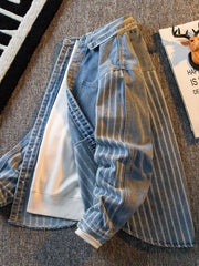 Threebooy American Striped Spliced Denim Jacket Men 2025 Autumn Trendy Handsome Men Women Casual Loose Work Shirt Jacket Aesthetic Chic
