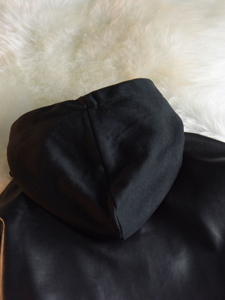 Threebooy Vintage Hooded Fake Two Pieces PU Jacket Autumn Winter Hip Hop Streetwear American Men Women Punk Leather Bomber Jacket