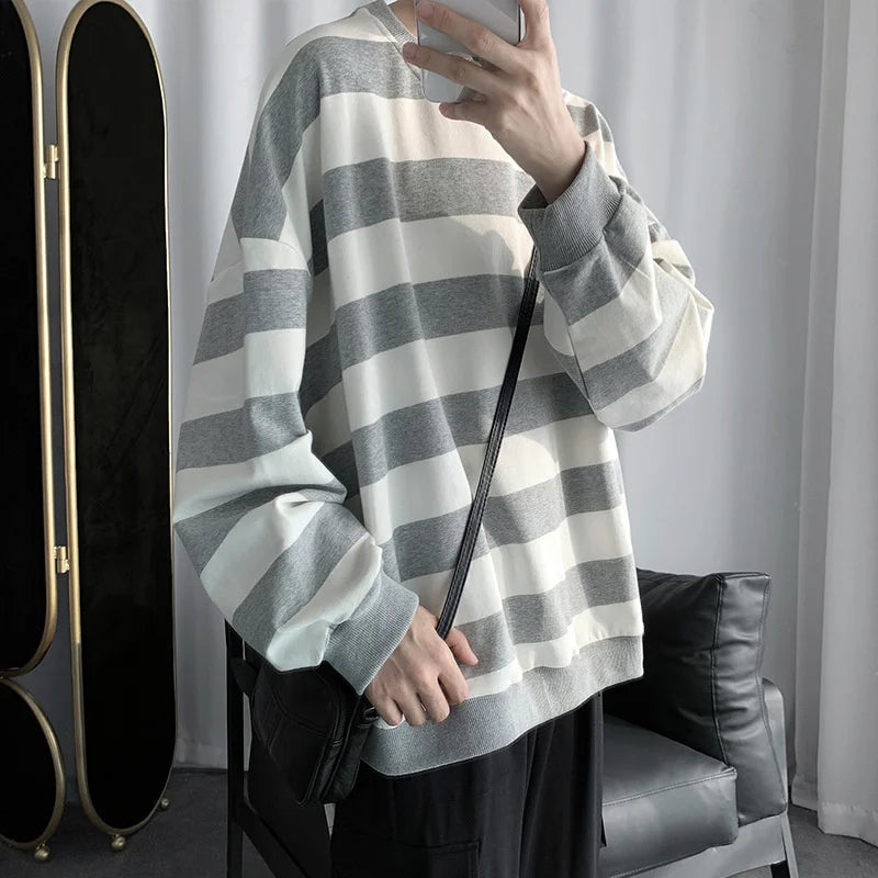 Threebooy Autumn Winter Striped Men's Korean Fashion Hoodies Youth Harajuku Retro Long Sleeve Bottoming Shirt Pullover