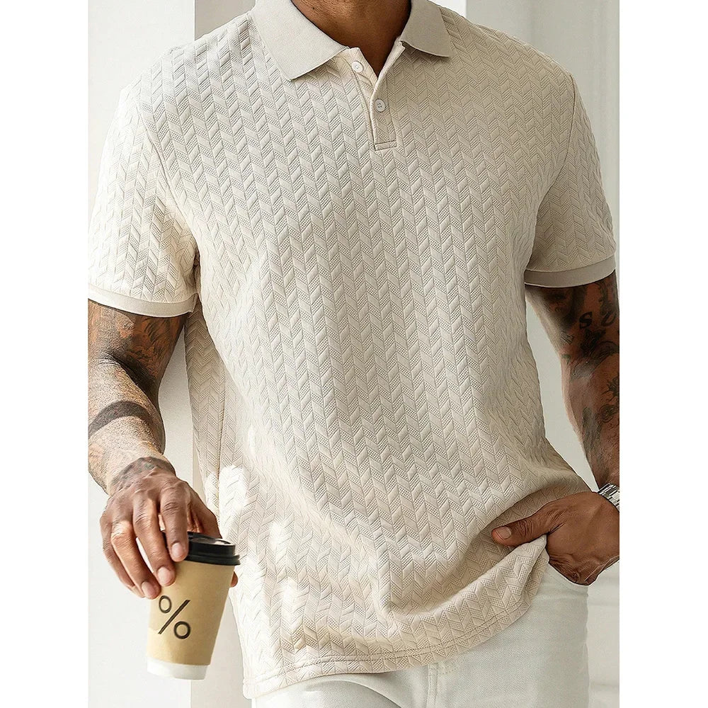 Threebooy  Men's Heavyweight Polo Shirt Spring Summer Short-sleeved Jacquard T-shirt Turn-down Collar Casual Fashion Button Male Clothing