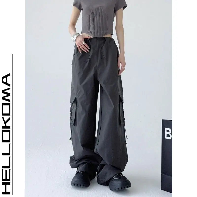 Threebooy  Workwear Pants Men's Japanese Retro Loose Wide-leg Straight Pants Design Sense Casual Drawstring Trousers Big Pockets