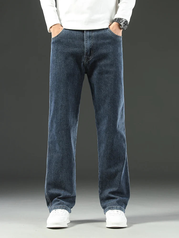 Threebooy  New Spring Autumn Men's Loose Jeans Business Casual Comfortable Straight Wide-leg Baggy Denim Trousers Male Brand