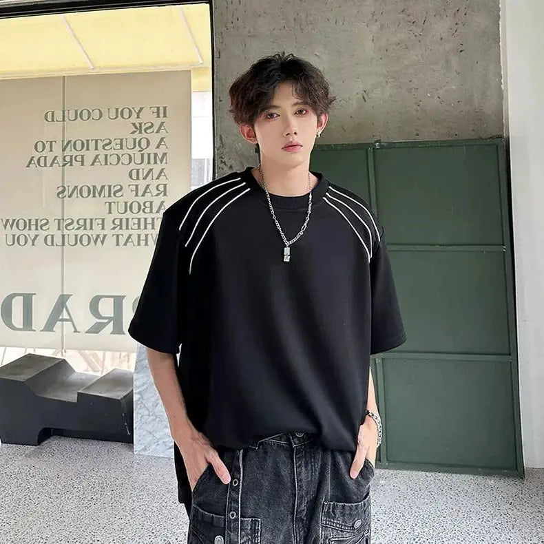 Threebooy  Deconstructed Line Short-sleeved T-shirt Men's Summer Design Sense High-end High Street Fashion Brand Handsome Five-point