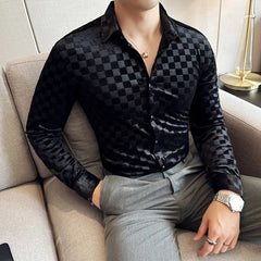 Threebooy Men Clothing Spring High Quality Canary Velvet Long Sleeve Shirts/Male Slim Fit Plaid Luxury Office Dress Shirts Plus Size 4XL-M