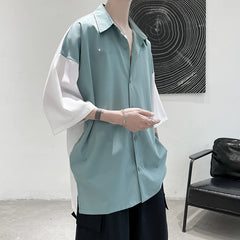 Threebooy Summer Short Sleeved Shirt Men Contrasting Color Casual Shirt Men Streetwear Korean Loose Ice Silk Shirt Mens Oversized Shirts