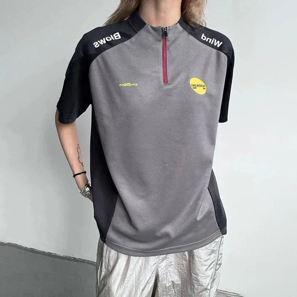 Threebooy  Half Zip Contrast Color Stitching Short Sleeves Unisex Summer New Outdoor Sports Jersey American Street Trend Y2k T-Shirt