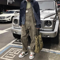 Threebooy INS Style Straight Leg Pants Bib Coverall Japanese Retro Cargo Overalls Men's Loose Large Size Worker Work Clothing Jumpsuit