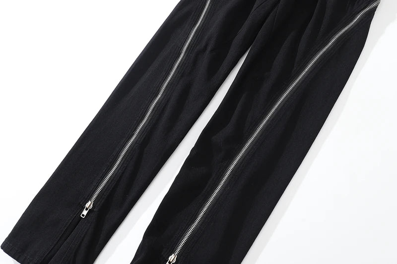 Threebooy Harajuku Sashes Zipper Decorate Vibe Style Black Cargo Pants for Men High Street Straight Casual Baggy Oversized Unisex Trousers
