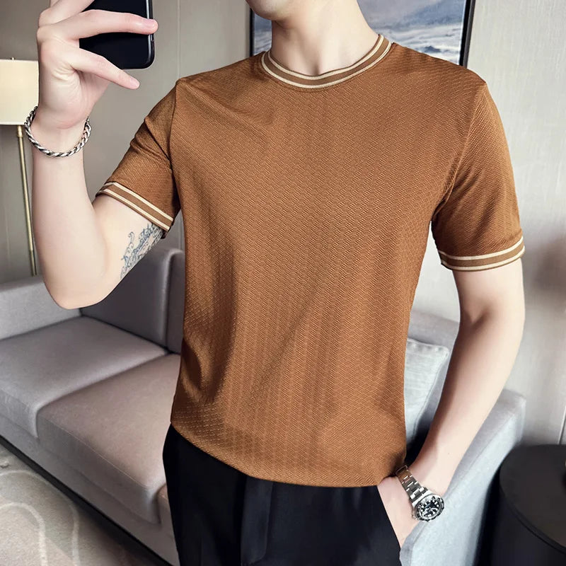 Threebooy British style Men's summer casual short sleeves Jacquard ice silk T-shirt/Male slim fit Round neck fashion T-shirts S-4XL