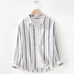 Threebooy  Fashion Japan Style Men Linen Cotton Shirts Casual Stripe Long Sleeve Tops Single Breasted Male Loose Vintage Versatile Shirt