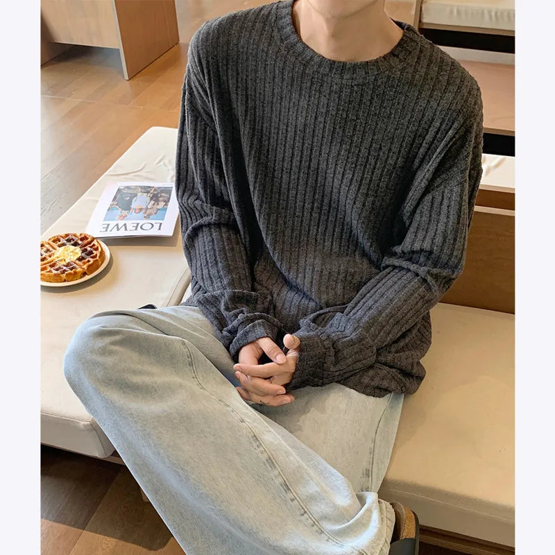 Threebooy  Autumn Long Sleeved T-shirt Men Fashion Casual Striped T Shirt Men Oversize Streetwear Korean Loose Round Neck T Shirt Mens Top