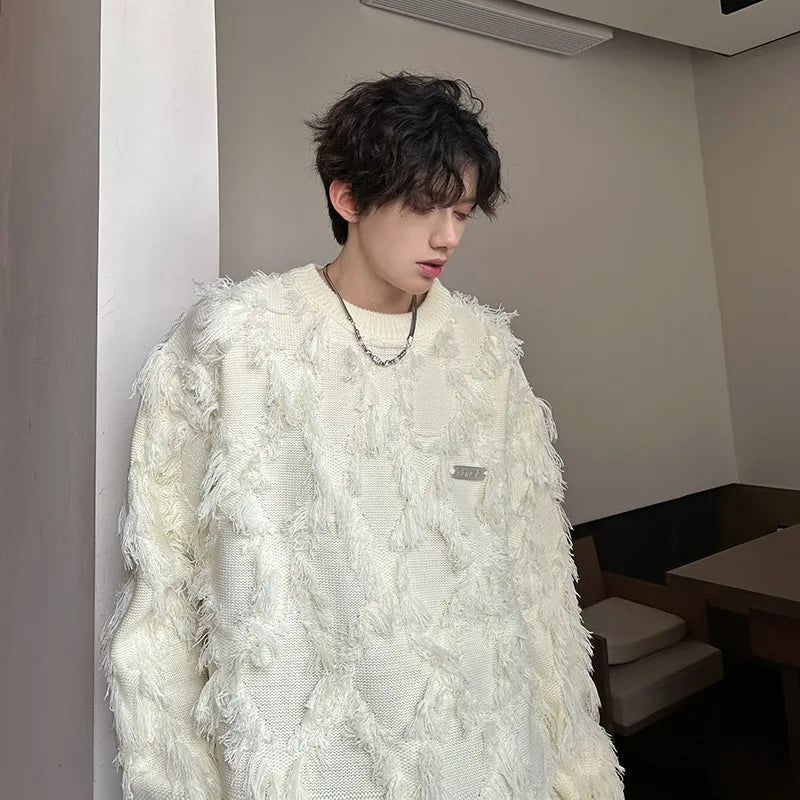 Threebooy Streetwear Sweater Men Stylish New Retro Hole Fringed Sweater Loose Versatile Knitwear Pullovers Long Sleeve Jumpers Clothing