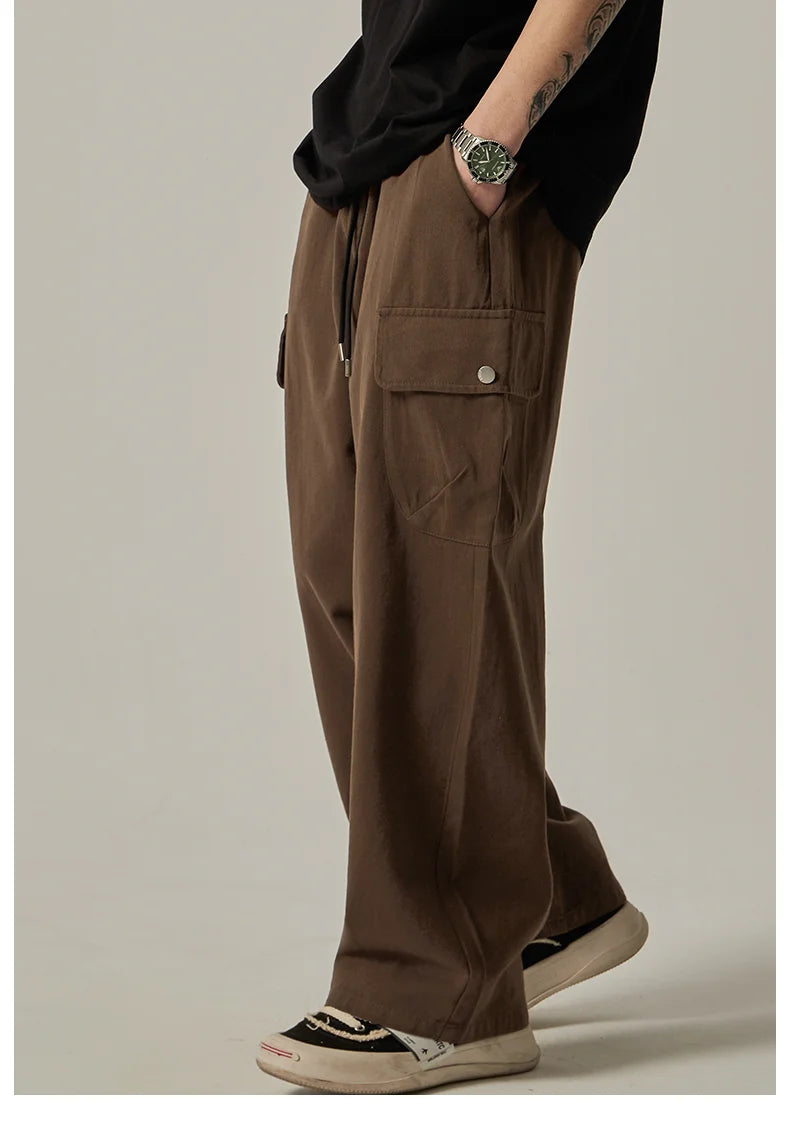 Threebooy Men's Sweatpants 2025 Spring Autumn Vintage Japanese Wide Leg Straight Loose Button Big Pockets Cargo Pants Drawstring Trousers