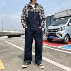 Threebooy Fashion Men Bib Jeans Pants Solid Color Jumpsuit Streetwear Jogger Pants Multi Pocket Casual Suspender Cargo Pants Men