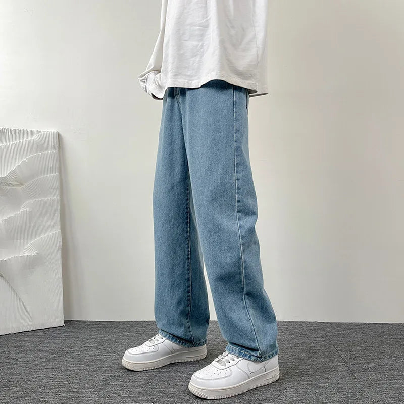 Threebooy New Korean Fashion Men's Casual Baggy Long Jeans Classic Man Straight Denim Wide-leg Pants Solid Color
