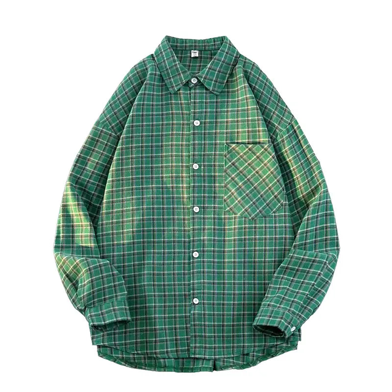 Threebooy Harajuku Long Sleeve Plaid Shirts Men Autumn Loose High Street All-match Shirt Gentleman Camisa Check Tops Stylish 5XL-M