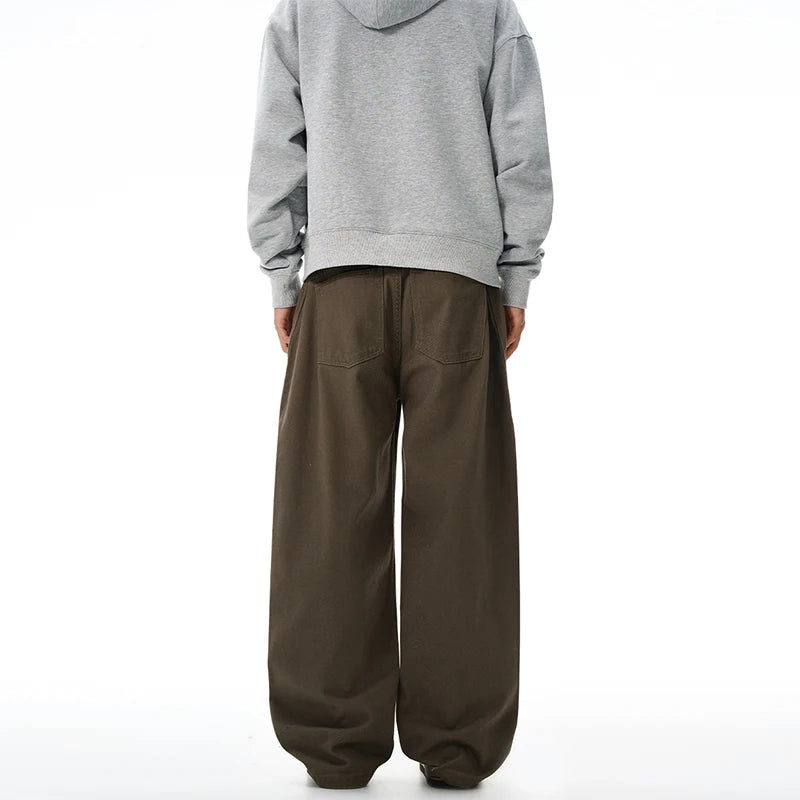 Threebooy 100% Pure Cotton Wide-leg Pants Men's Autumn New Oversized Comfortable Loose Casual Trousers Brown White Fashion Streetwear