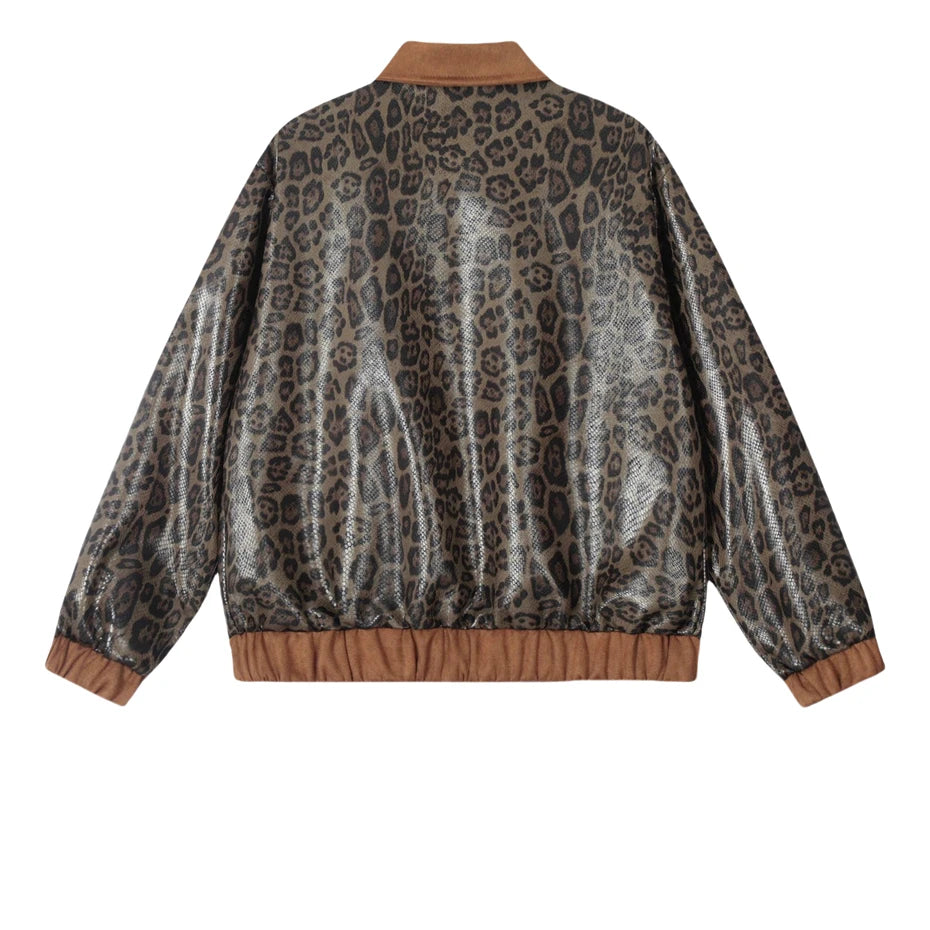 Threebooy Leopard PU Leather Jackets Mens Streetwear Hip Hop Cargo Jacket Men Oversized Harajuku Autumn New Loose Casual Coats Unisex