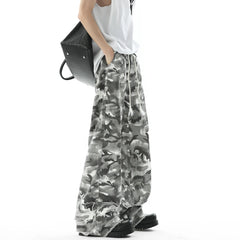 Threebooy Men Camouflage Loose Fit Jeans Elastic Drawstring Waist Frayed Hem Streetwear Trendy Comfortable Stylish Denim Urban Fashion
