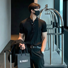 Threebooy  Summer Men's Clothing Retro Knit Lapel Striped Polo Shirt Solid Color Short Sleeve Fashion Light Luxury Popular Knitwear M-3XL