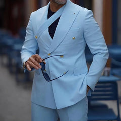 Threebooy  Sky Blue Solid Suits for Men Fashion Peaked Lapel Double Breasted Outfits Smart Casual Wedding Tuxedo 2 Piece (Jacket+Pants)