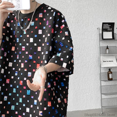 Threebooy Summer Short Sleeved T-shirt Men Fashion Hollow Out Oversized Plaid T Shirt Men Streetwear Hip Hop Loose Casual Tshirt Male 5XL