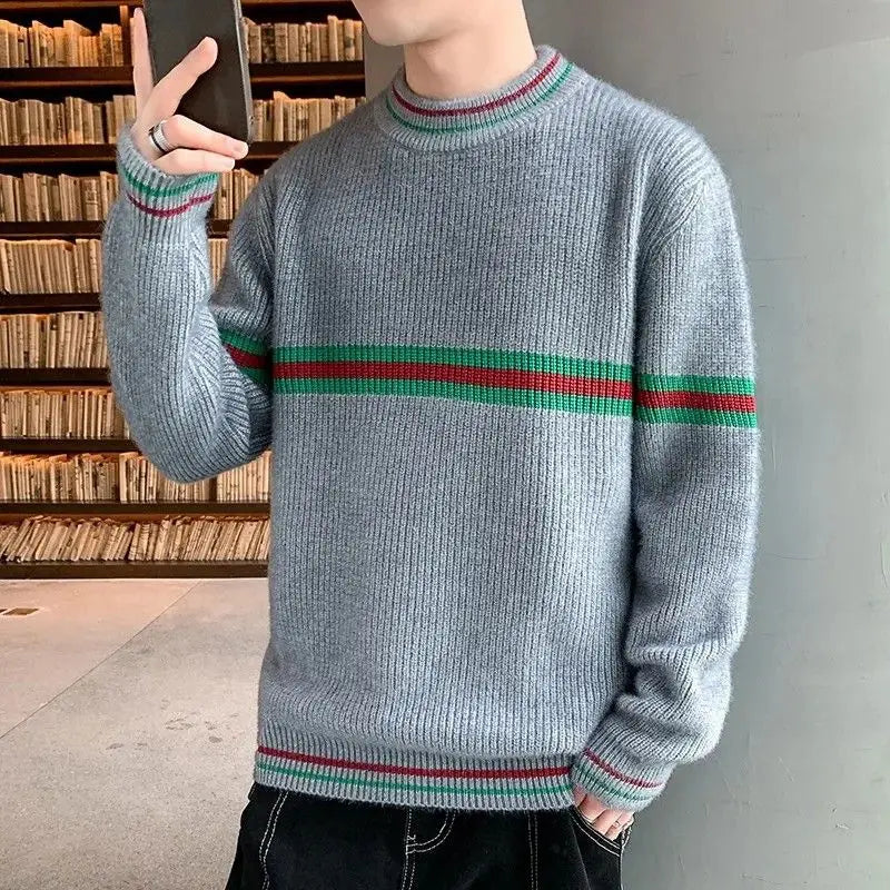 Threebooy  Autumn Winter New Men Sweater O-Neck Patchwork Contrast Color Korean Trend Fashion Thicken Long Sleeve Cardigan Knitted Tops